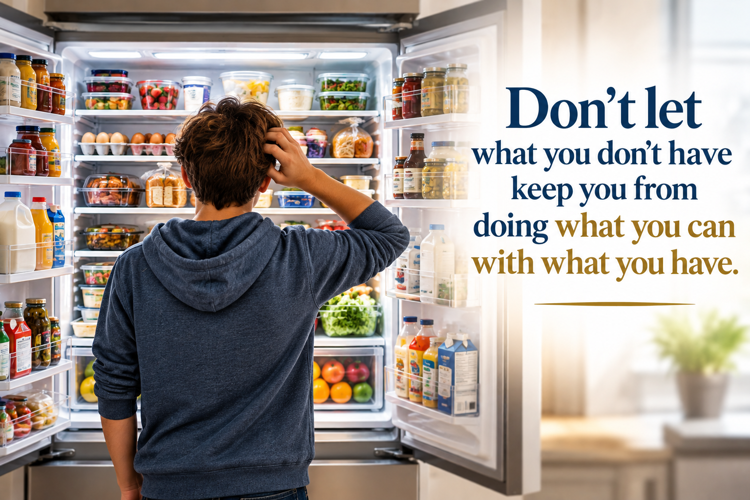 Teenager looking into a fully stocked refrigerator, illustrating how we can overlook what we already have.